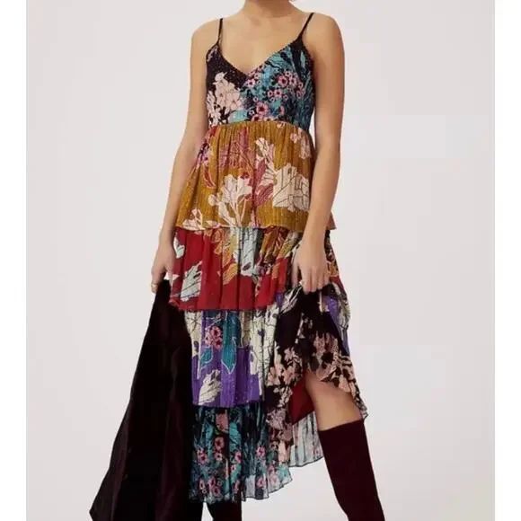 Anthropologie Bhanuni by Jyoti Tiered Layer Maxi Dress Mixed Print Embellish 10 - Picture 4 of 12